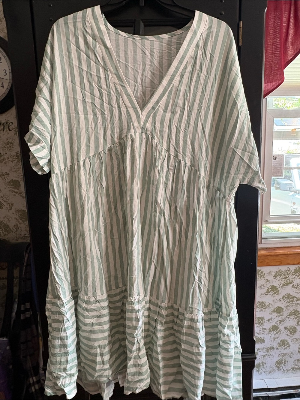 SHEIN Mint and White Striped V-Neck Tunic Dress